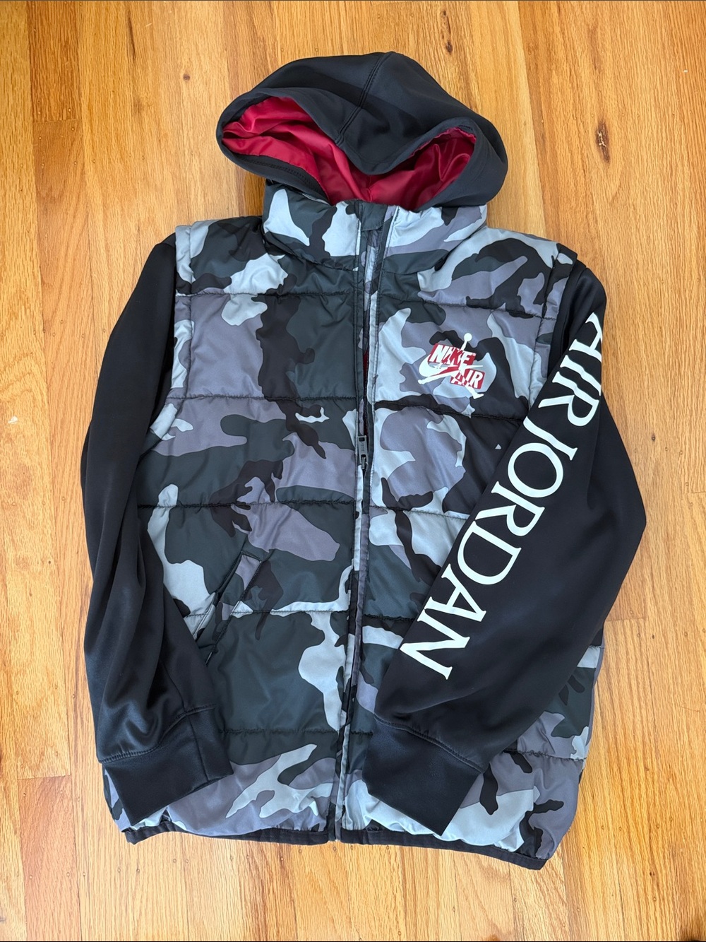 Jordan Black & Gray Camo Puffer Hoodie with Red Lined Hood